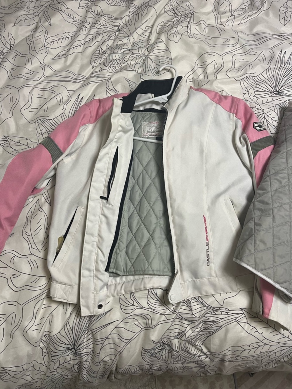 Women's White & Pink Quilted Bomber Jacket